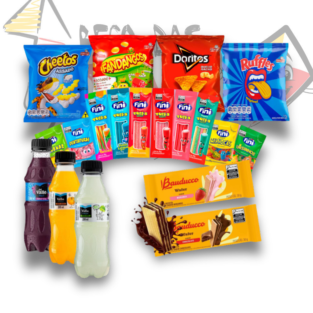 Kit Guloseimas 20 Salgadinhos Elma Chips + 20 Balas Fini + 20 Wafer Bauducco + 20 Del Valle em Oferta na Shopee
