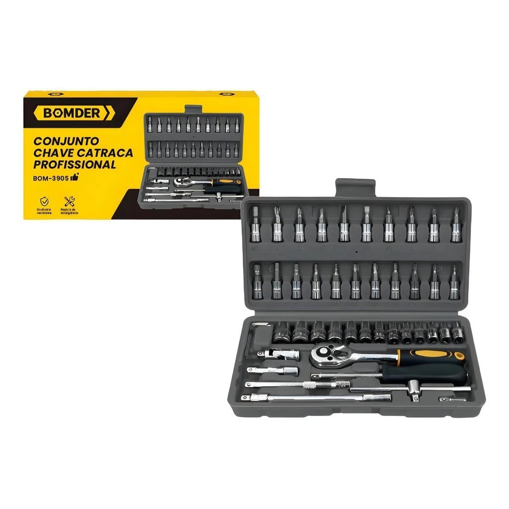Kit De Ferramentas Completo 46 Peças Jogo De Soquetes Chave Catraca Reversível Com Maleta Profissional BOMDER