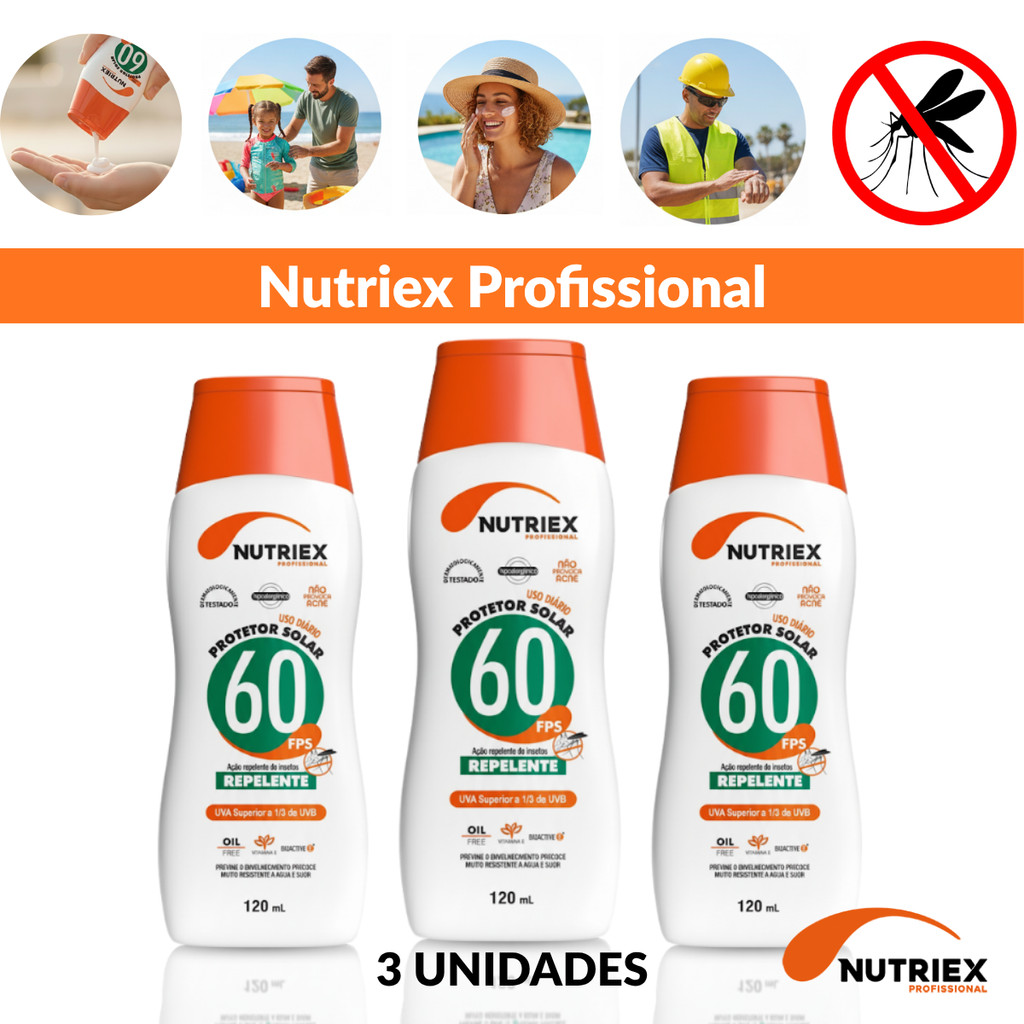Protetor Solar Nutriex FPS60 Repelente 120ml Kit 3 Pele Segura Contra Sol e Insetos em Oferta na Shopee