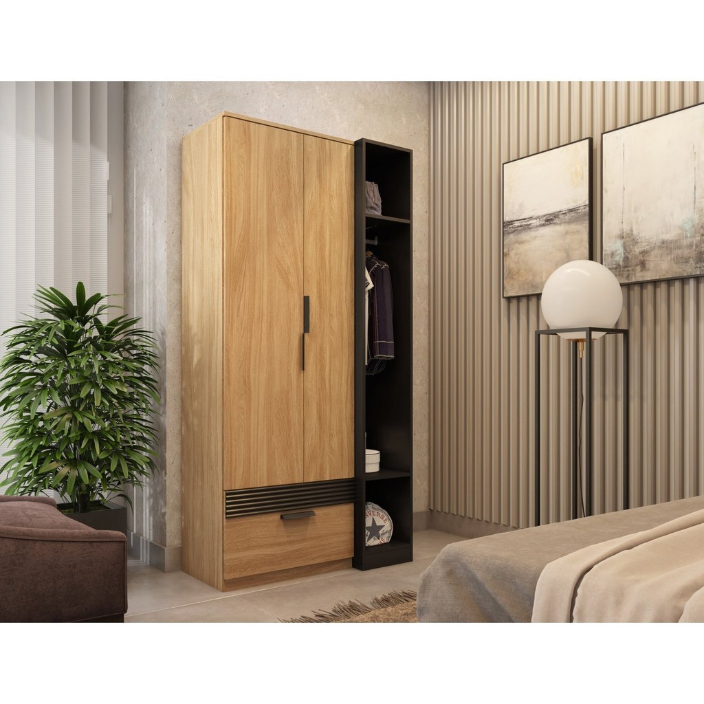 Guarda Roupa Solteiro 2 Portas 1 Gaveta Capri  Amêndoa/Preto