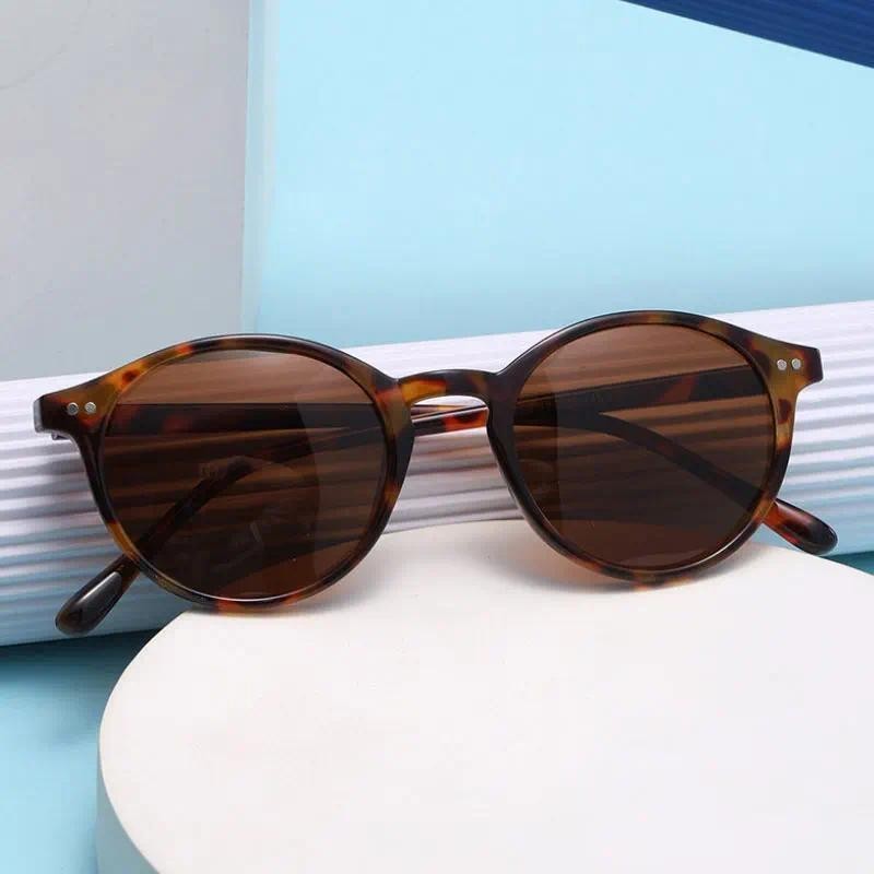 Óculos de Sol Polarizados da Moda para Homens e Mulheres, Armação Redonda Estilo Leopardo, Óculos de Sol Retrô com Armaç