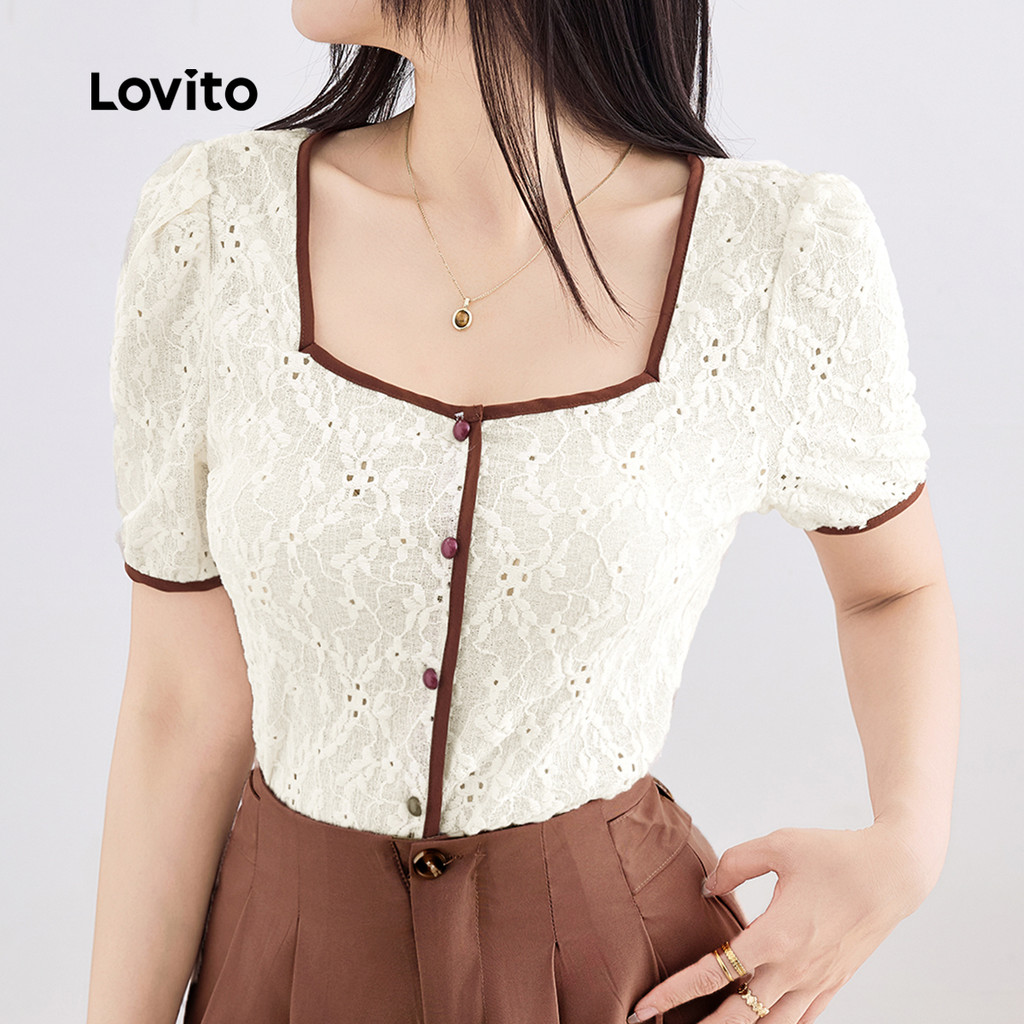 Lovito Blusa Casual Lisa Com Blocos De Cores E Bordados De Ilhós, Blusa De Verão/primavera Para Mulheres L132ED668 em Oferta na Shopee