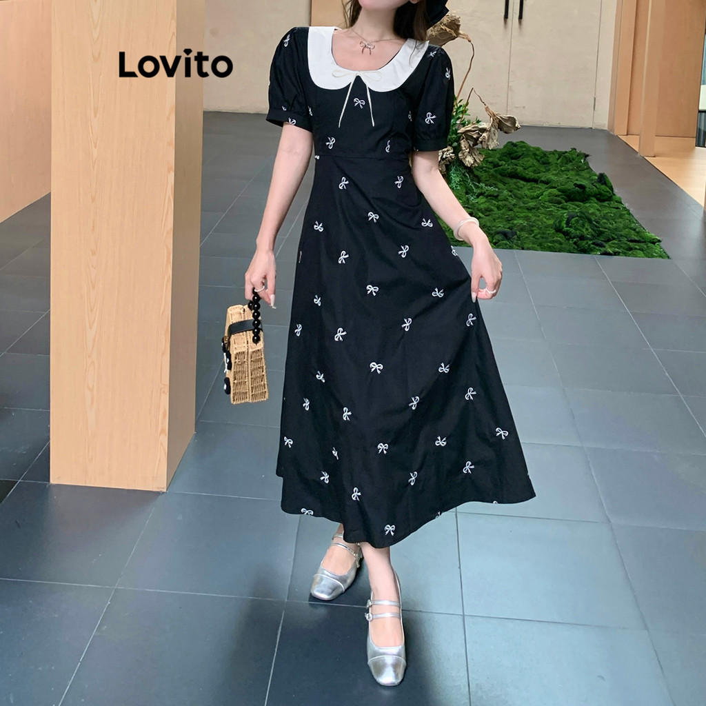 Detalhes do Lovito Vestido Casual Com Laço Geométrico E Gola Contrastante Vestido Drapeado Para Mulheres L106AD1217