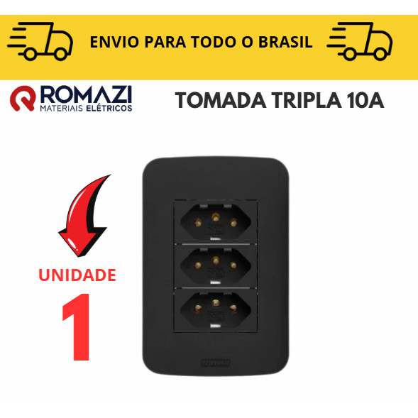 Tomada Tripla 10A Tomada Preta linha canoa black romazi / 10A / 20A / Paralelo