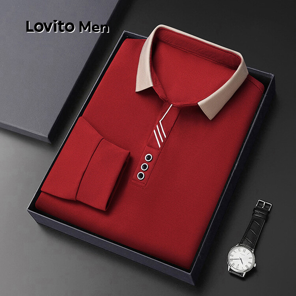 Detalhes do Lovito Camisa Polo Masculina Casual com Cores Combinadas e Botões para Primavera Verão LNE118149