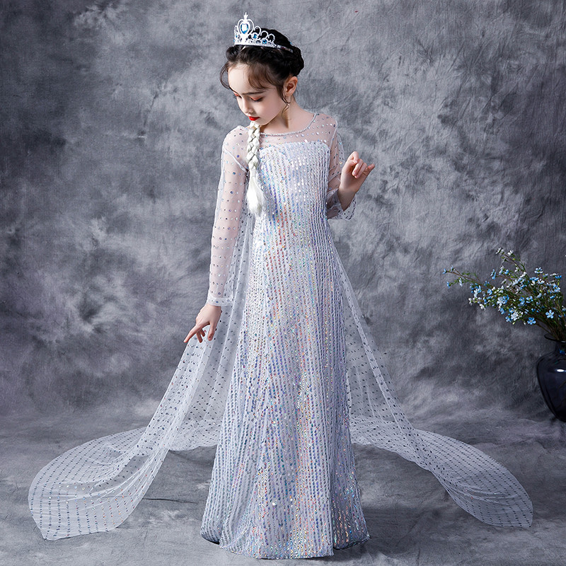 Frozen 2 elsa vestido de princesa branco arrastando elsa elsa vestido de desempenho meninas capa de lantejoulas vestido