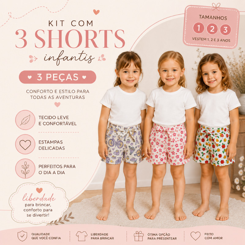 Kit 3 Shorts Infantil Menina Estampado Tamanho 1 2 3 Anos Shortinho Infantil Feminino Sortido |1878| Lançamento