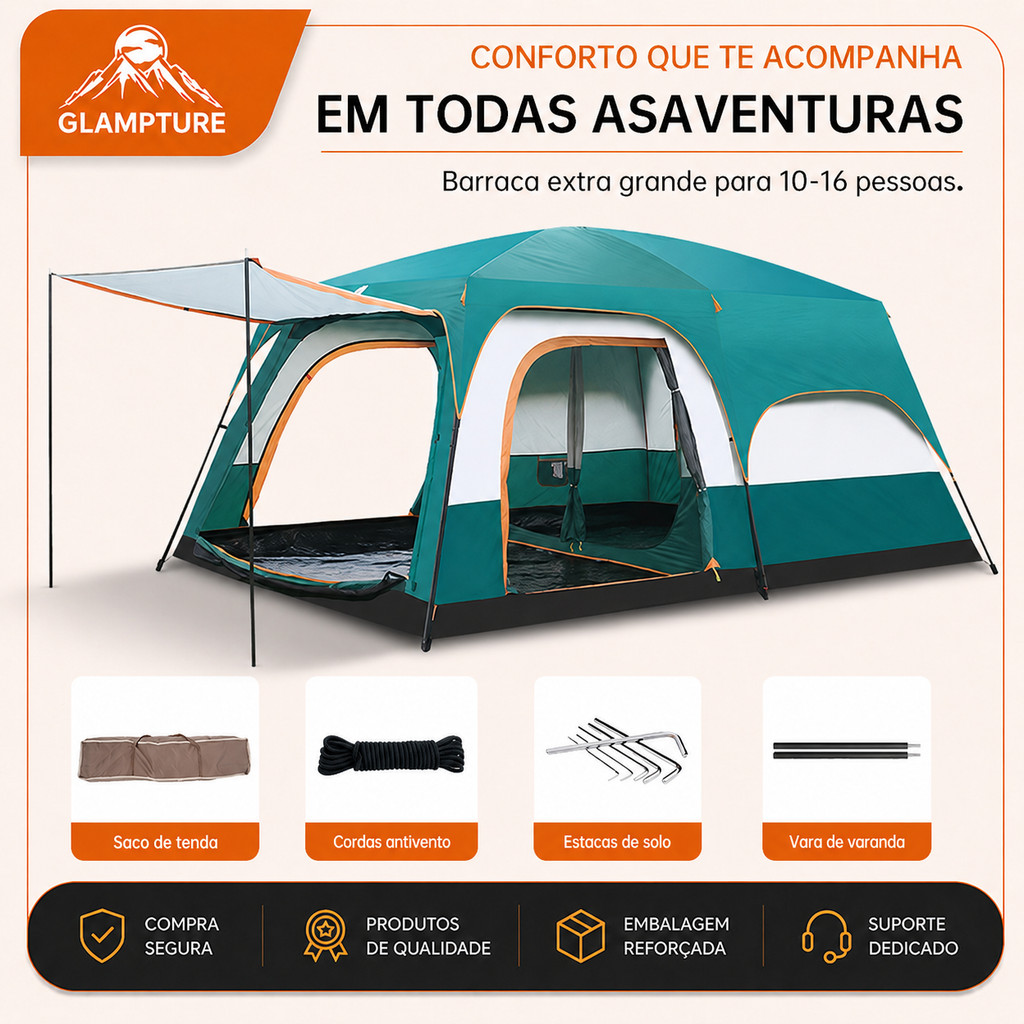 Barraca De Acampamento Familiar Tenda Camping Portátil Impermeavel Com Varanda Para 3 A 6 Pessoas