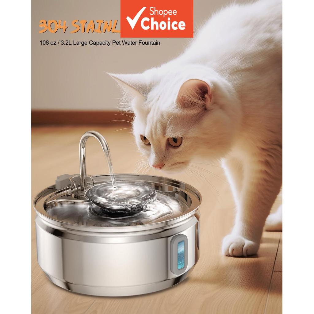 Bebedouro Automático para Animais de Estimação, Fonte de Água para Gatos em Aço Inoxidável com Filtro de Baixo Consumo e