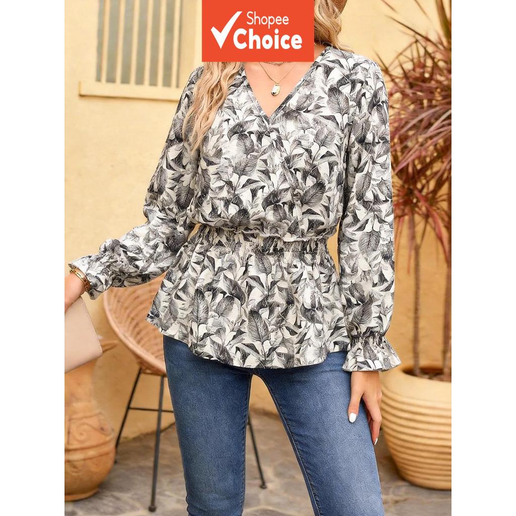 Blusa Peplum com Estampa de Folha em Preto e Branco | Top de Manga Longa com Decote V | Blusa Casual com Cintura
