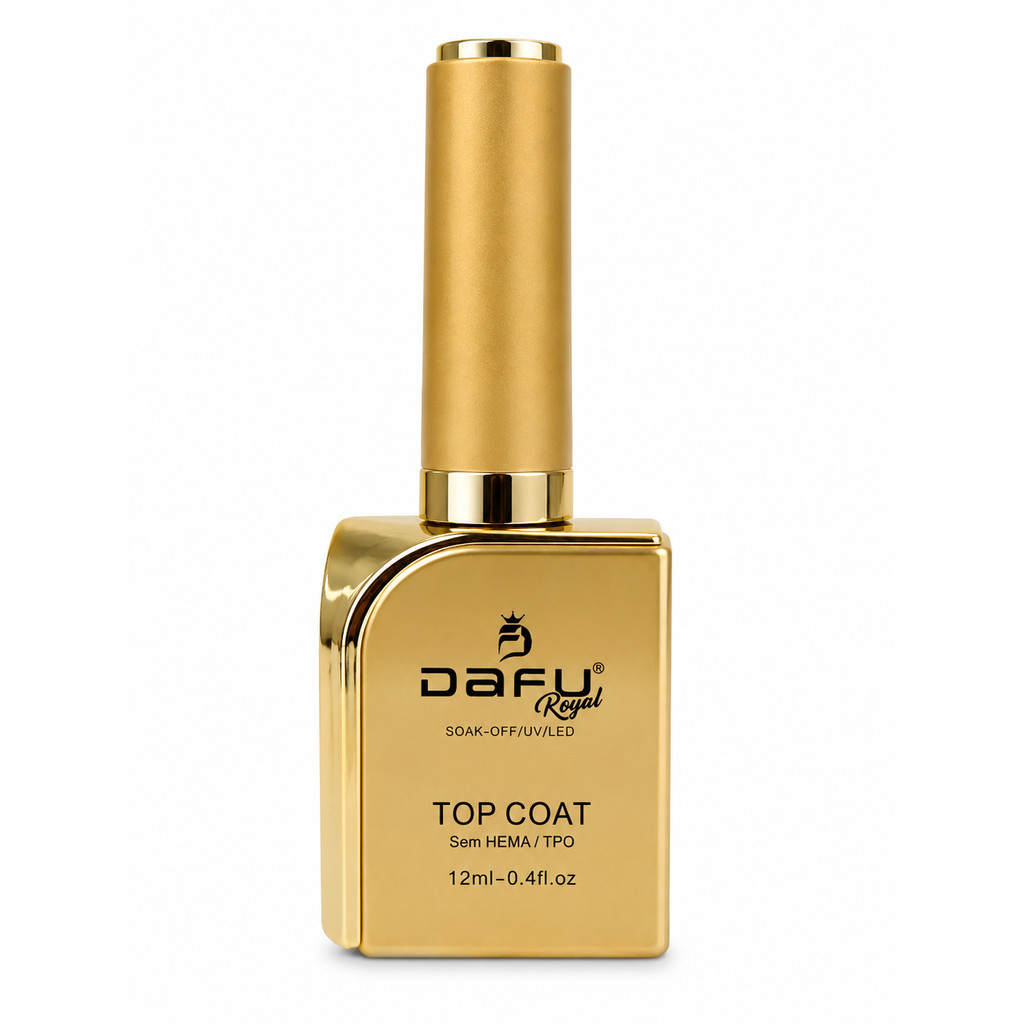Frasco dourado de Top Coat Dafu Royal de 12ml com tampa elegante e rótulo contendo informações técnicas sobre o produto