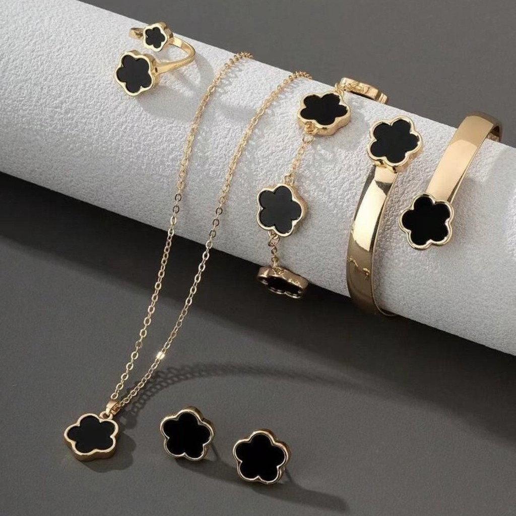Conjunto de joias clássico de cinco folhas de trevo, mais vendido, em estilo de luxo leve: colar, brincos, anel, pulseir