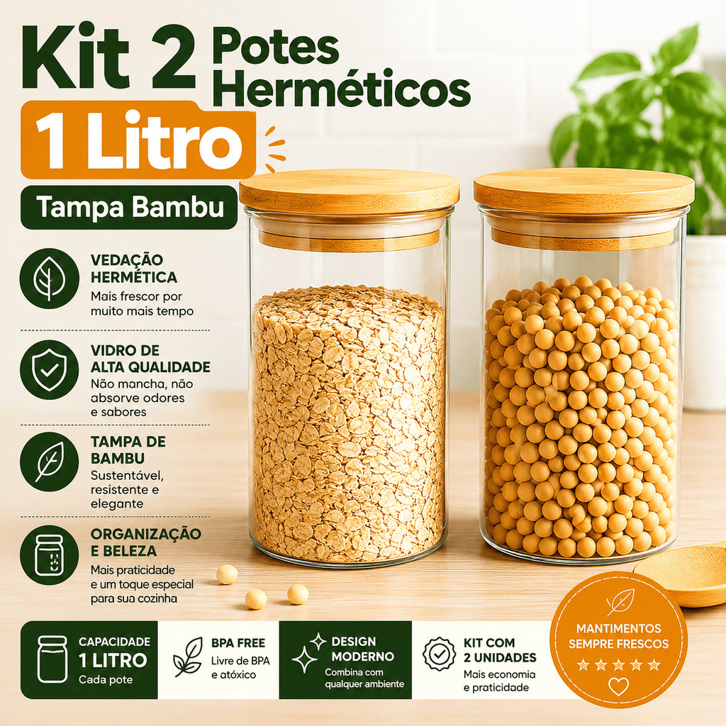 🌿 Kit 2 Potes de Vidro Hermético 1000ml c/ Tampa Bambu 🏡 Porta Mantimentos Alimentos Premium ✨