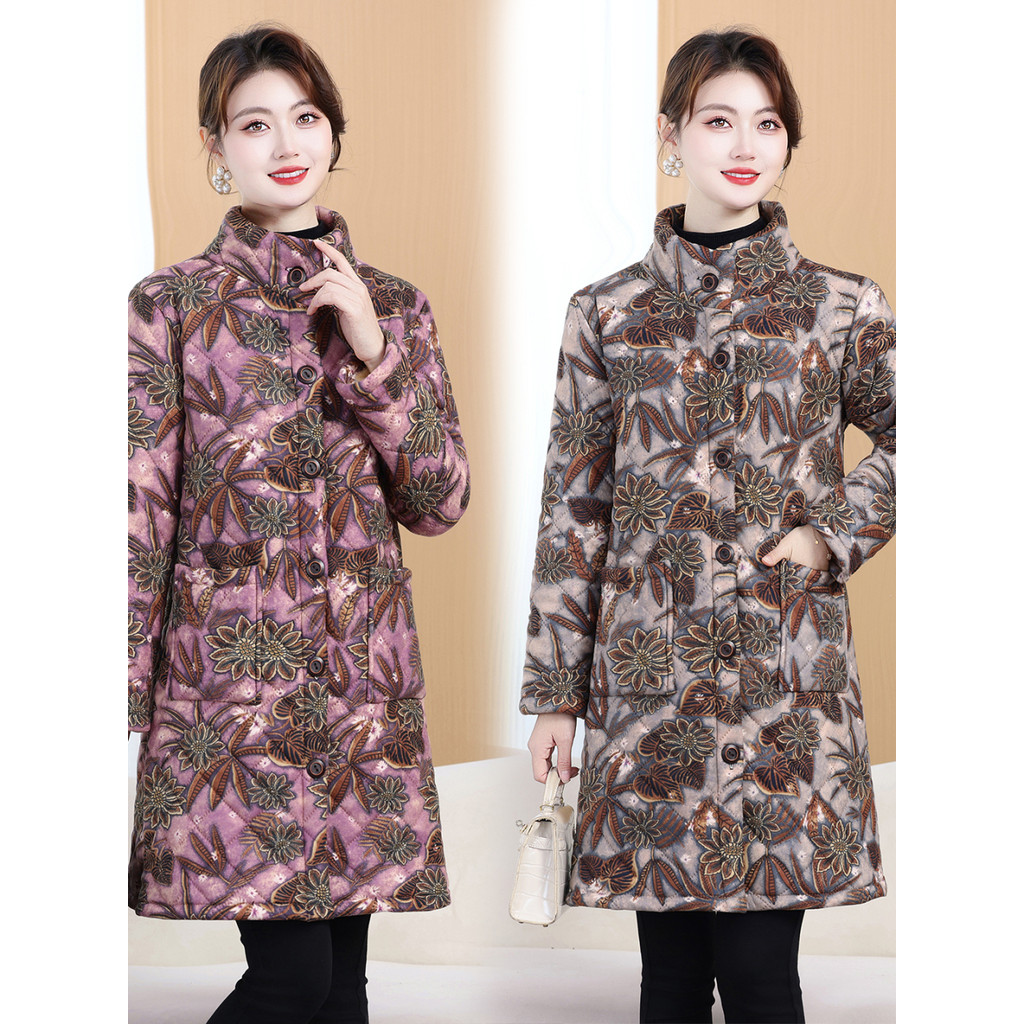 Roupas de inverno roupas femininas idosas de meia-idade roupas mãe gola alta comprimento médio impresso algodão-