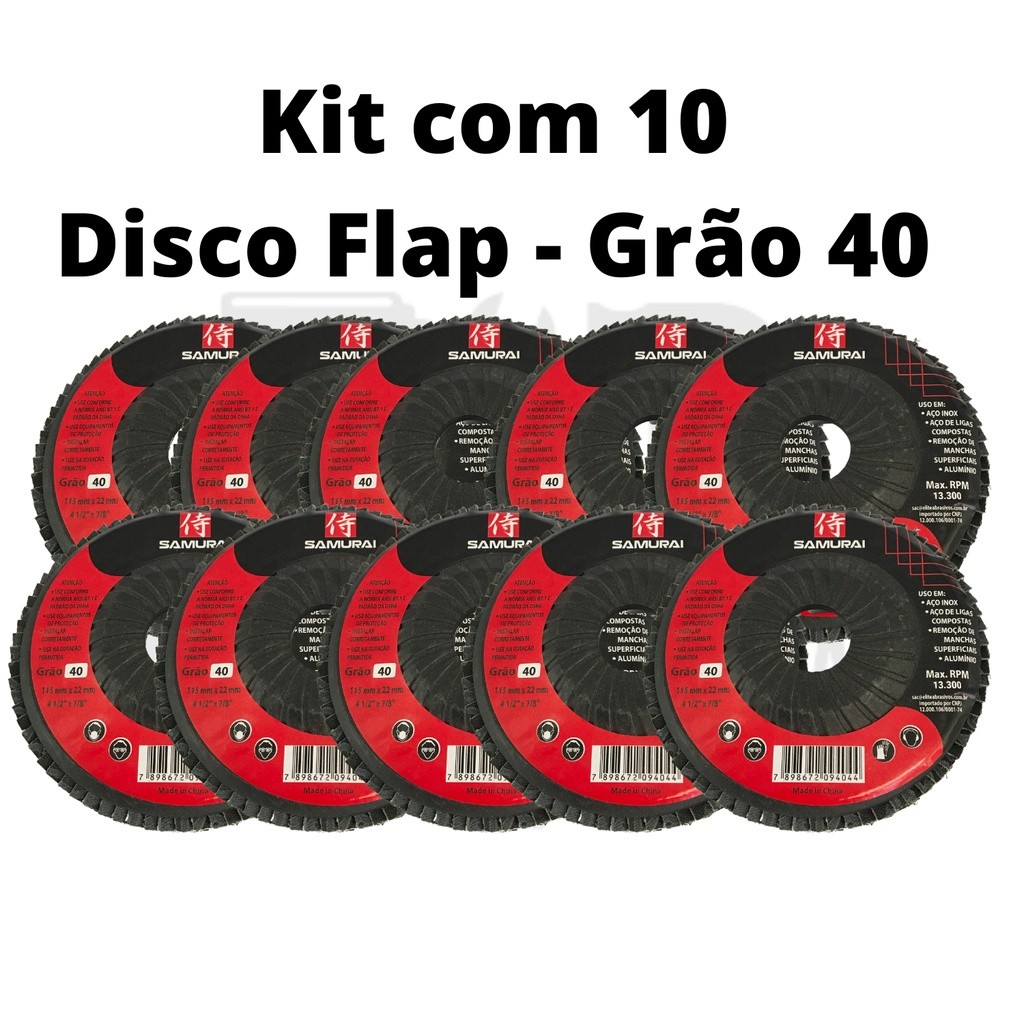 Jogo Disco Flap 4.1/2 Grão 40 - 10 UNI - Usado para Lixar/Polir/Remover Manchas