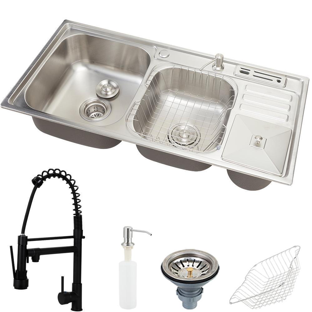 Kit Cuba para Cozinha Pia Dupla em Aço Inox com Acessórios com Lixeira Nukini, Torneira Gourmet Munim Preta Pingoo