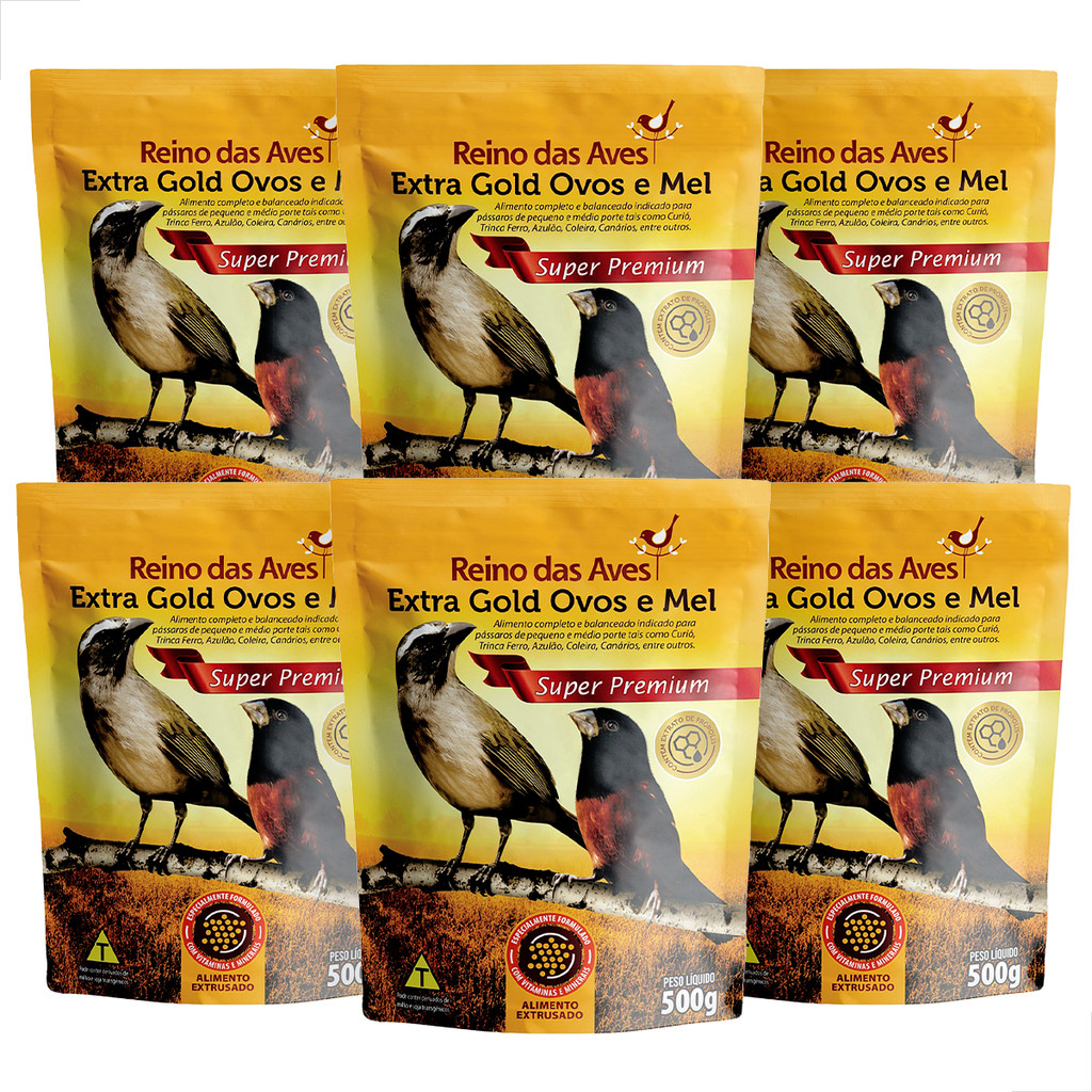Kit 6 Reino das Aves Extra Gold Ovos e Mel 500g Alimento Completo Pássaros Curio Trinca-Ferro Azulão Canário