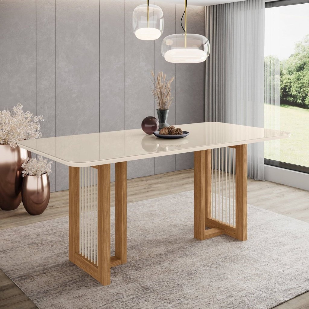 Mesa de Jantar com Tampo Mdf e Vidro com Canto Arredondado 180 Cm Yara