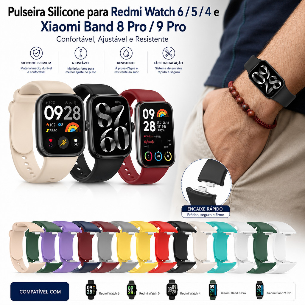 Pulseira Silicone para Redmi Watch 6 / 5 / 4 e Xiaomi Band 8 Pro / 9 Pro | Confortável, Ajustável e Resistente