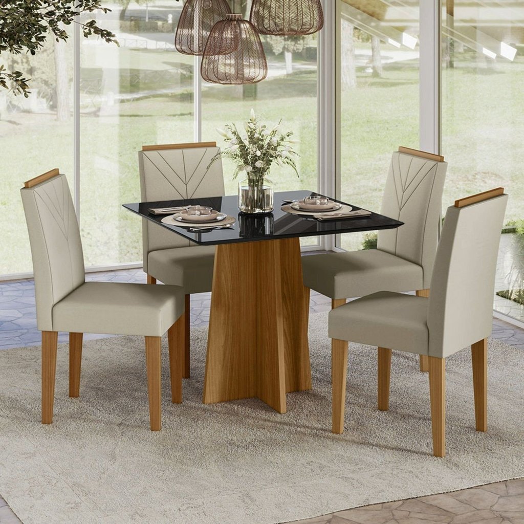 Conjunto Sala de Jantar Mesa 90cm com 4 Cadeiras Amanda Tampo Vidro e MDF Anitta