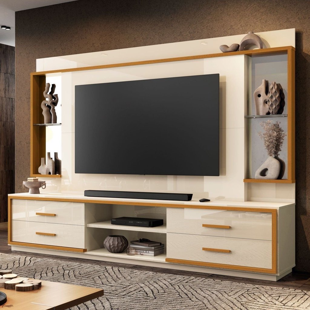 Estante para TV e Home Theater até 75 Polegadas 100% MDF 240cmx192cm Espelho 4 Gavetas Leni Bege Off White/Cedro Off