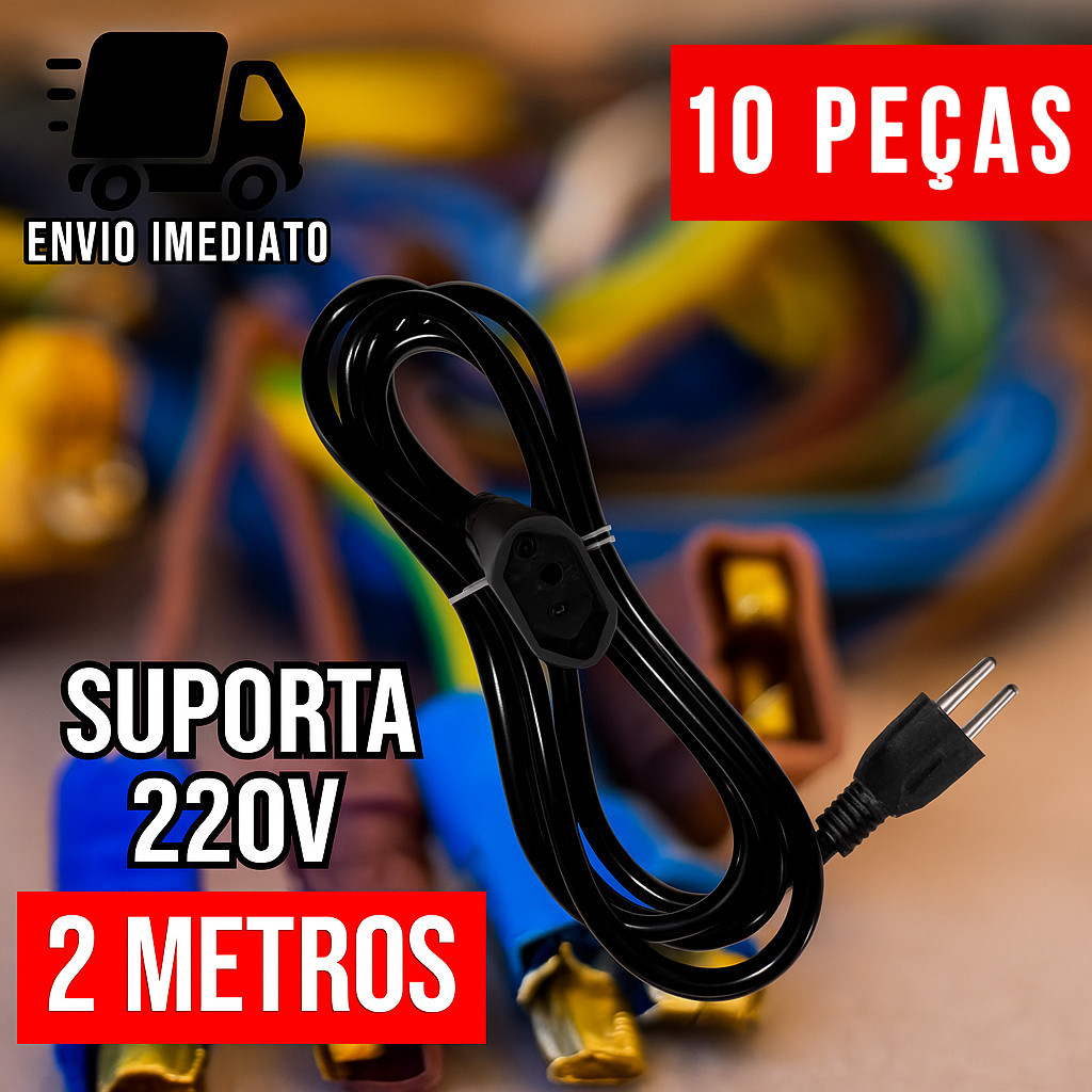 Kit 10 Extensão Elétrica e Prolongador Preto Extensor de Cabo 2 Metros e Bivolt 110v e 220v