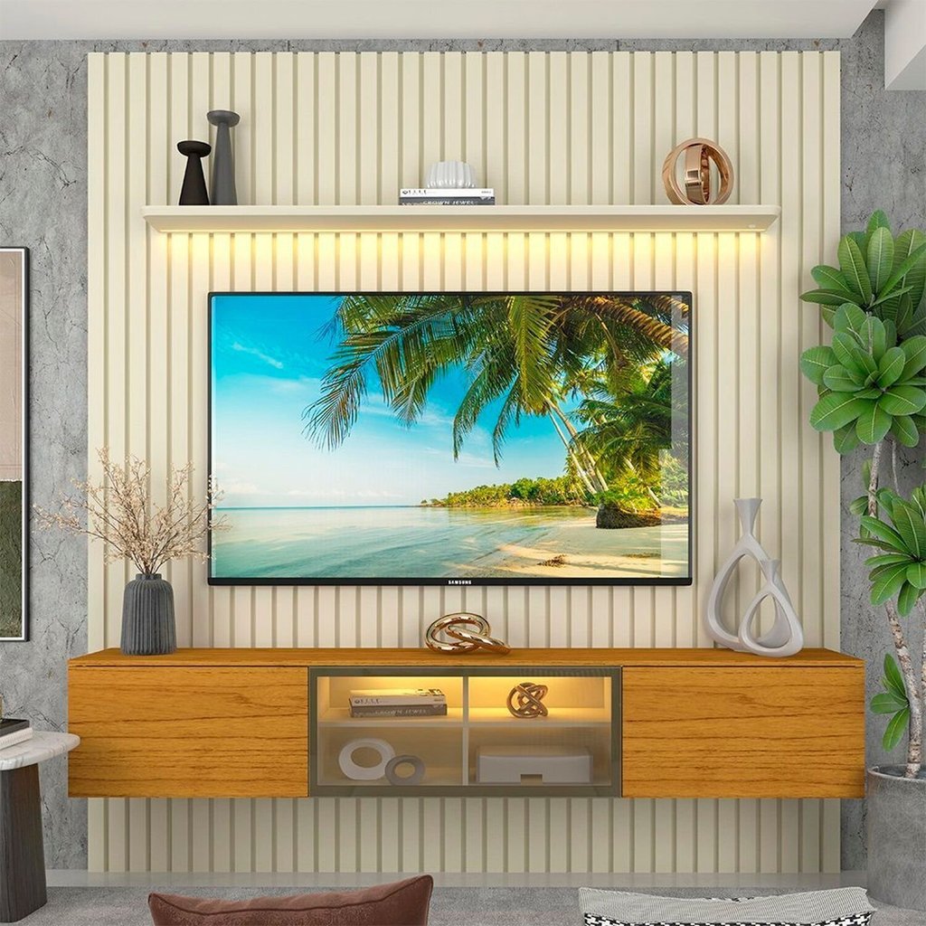 Estante e Home Theater Ripado para TV até 84 Polegadas 100% MDF 228,8cmx250cm Ripada 3 Portas com Led Nobre Luminare