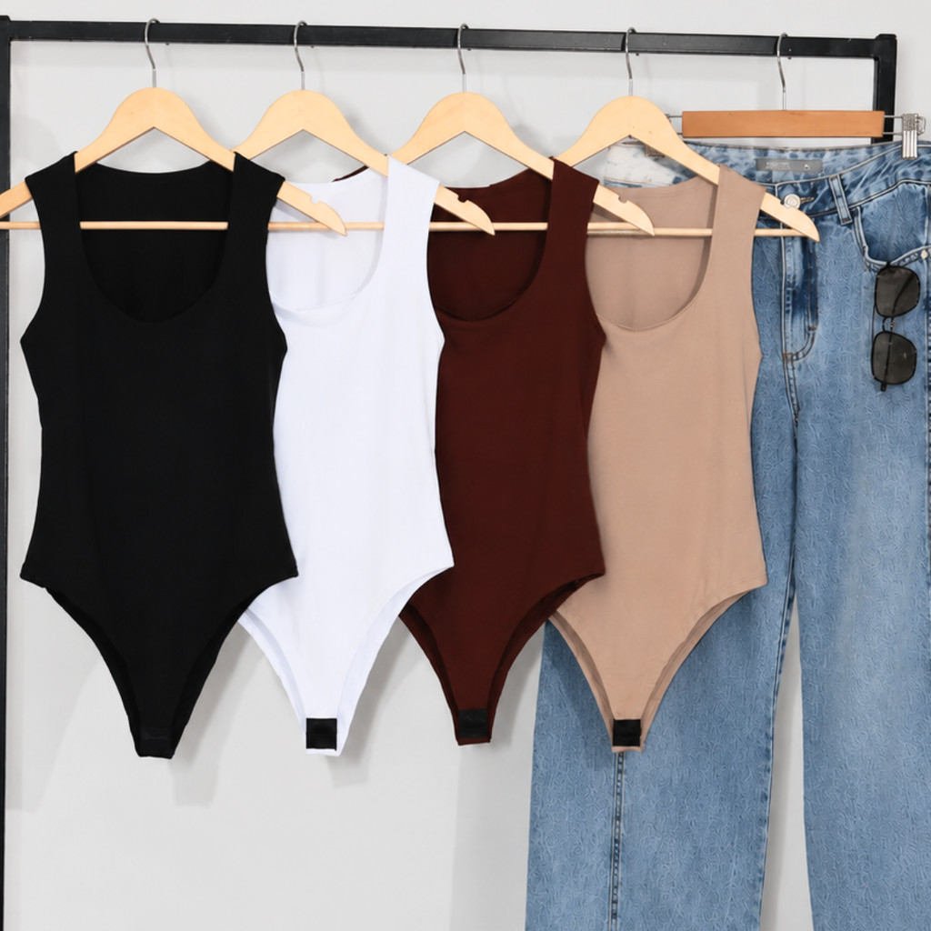 Kit 4 Body Collant Feminino Regata Decote Quadrado Com Forro Duplo Elegante Moda Casual