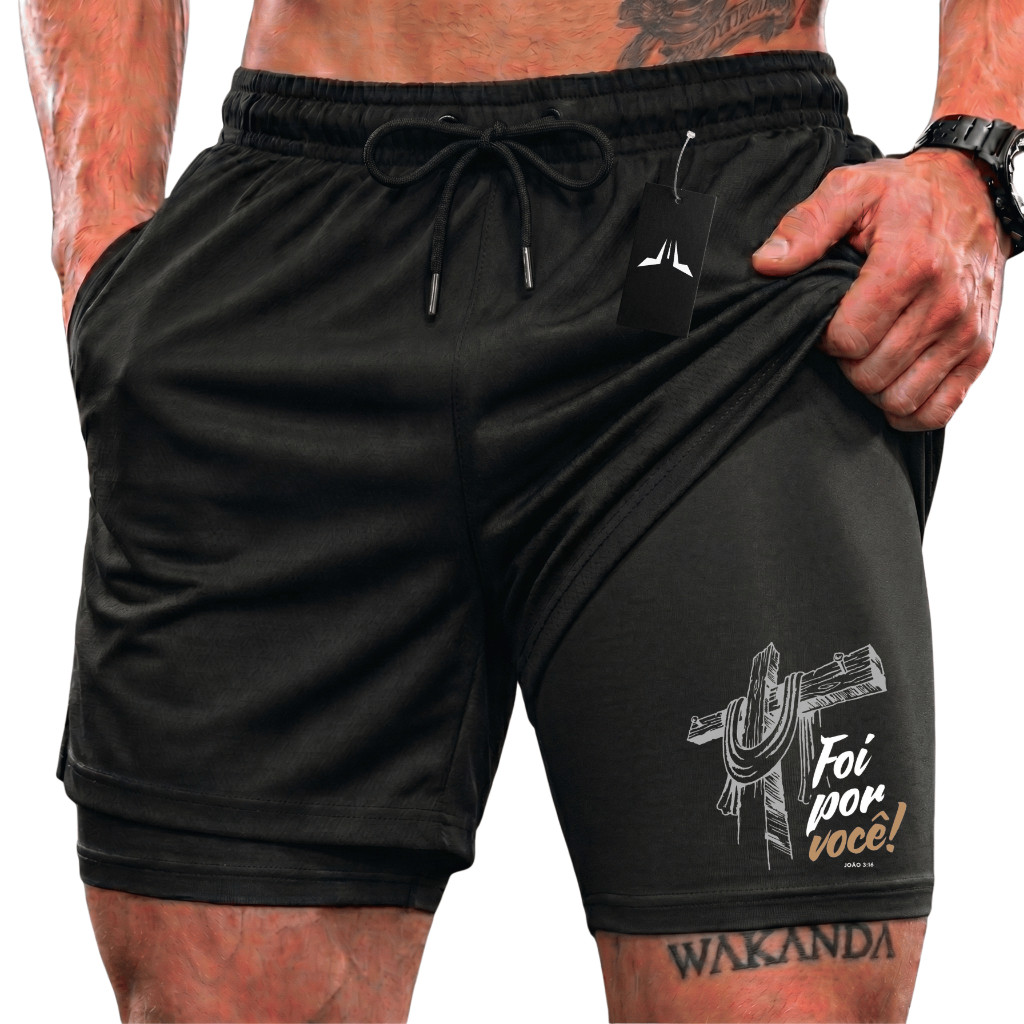 Bermuda Compressão Duplo Masculina 2 Em 1 Short Dry Fit Elastano Esporte Academia Fé03 ELLIO´s