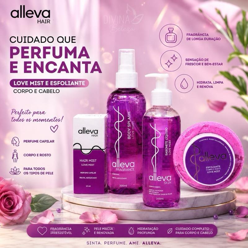 Kit Love Mist Alleva Hair & Skin – Perfume Capilar, Body Splash, Sabonete Líquido e Esfoliante Corporal