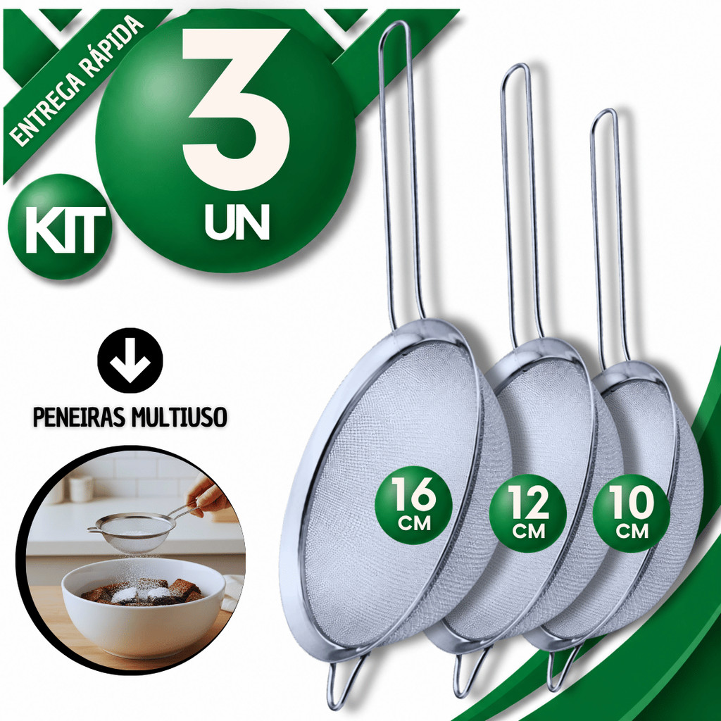 Peneira Aço Inox Profissional 16/12/10 cm Reforçada Farinhas Coar Líquidos Molhos Cozinha Utilidades