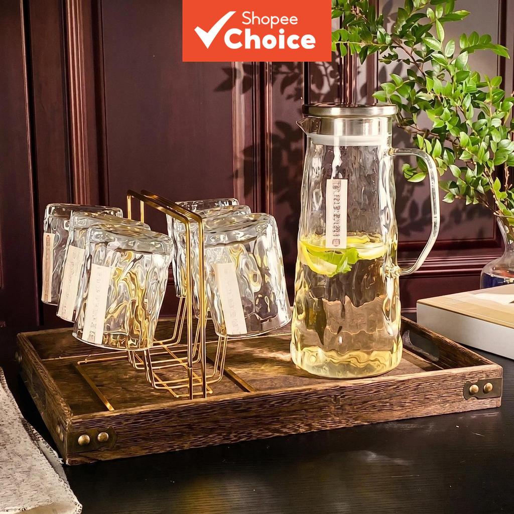 Conjunto de bule de vidro borossilicato com 6 copos, tampa e filtro – bule de 1500 ml/50,72 oz para bebidas quentes e