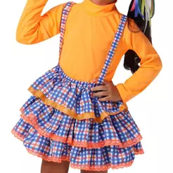 Saia Infantil Festa Junina Com Suspensório Salopete Jardineira Xadrez Azul Roupa Caipira de São João pra Menina