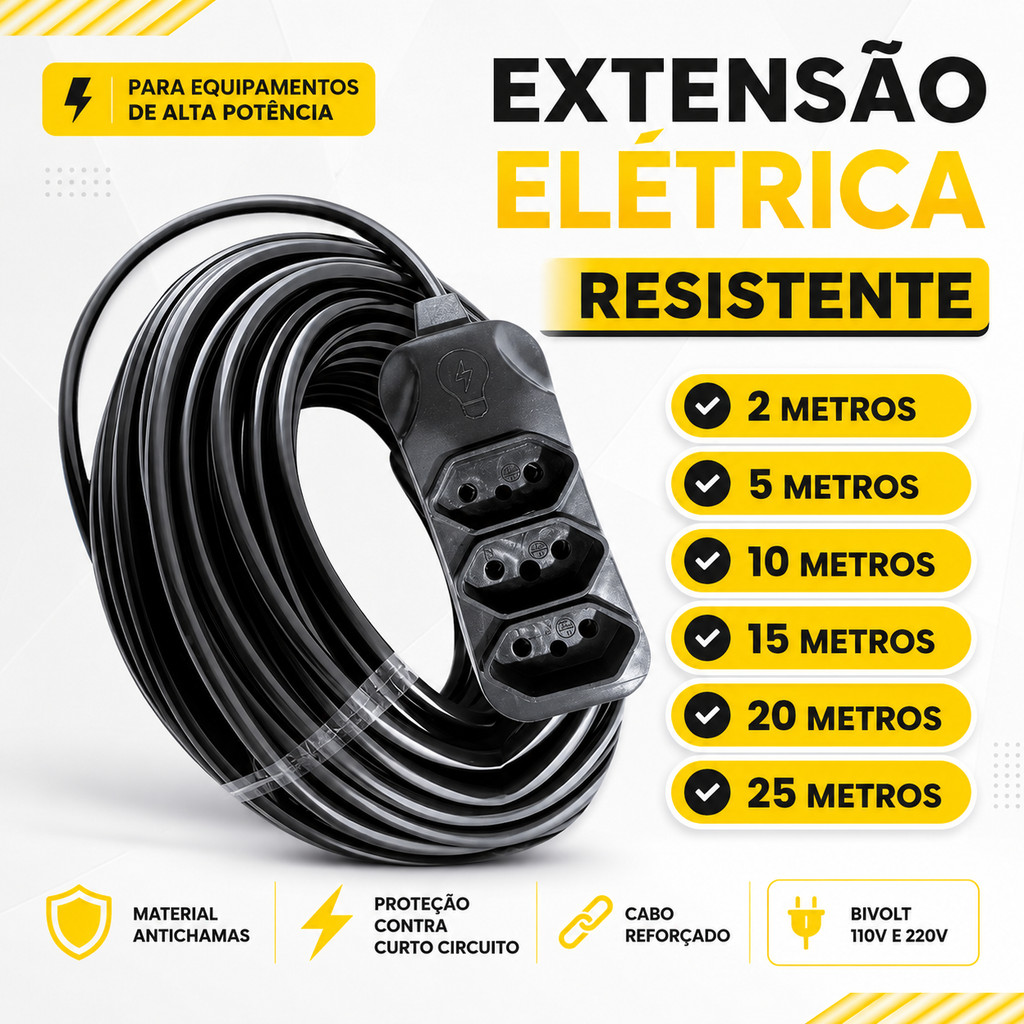 Extensão Elétrica CABO PP 2x2.5mm 20A/10A Resistente - 2 Metros a 25 Metros (METROS)