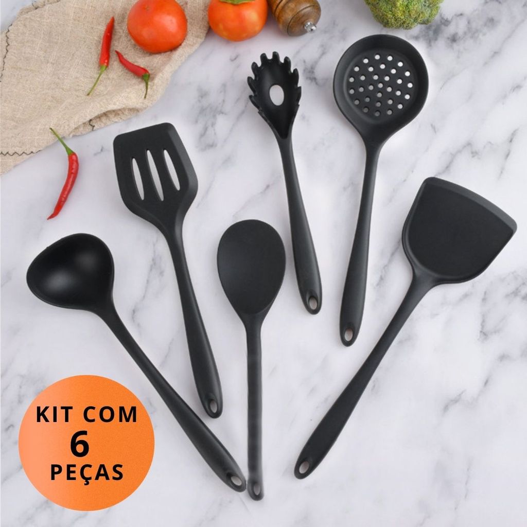 Kit Utensílios de Cozinha Silicone 6 Peças Antiaderente Resistente ao Calor Espátulas