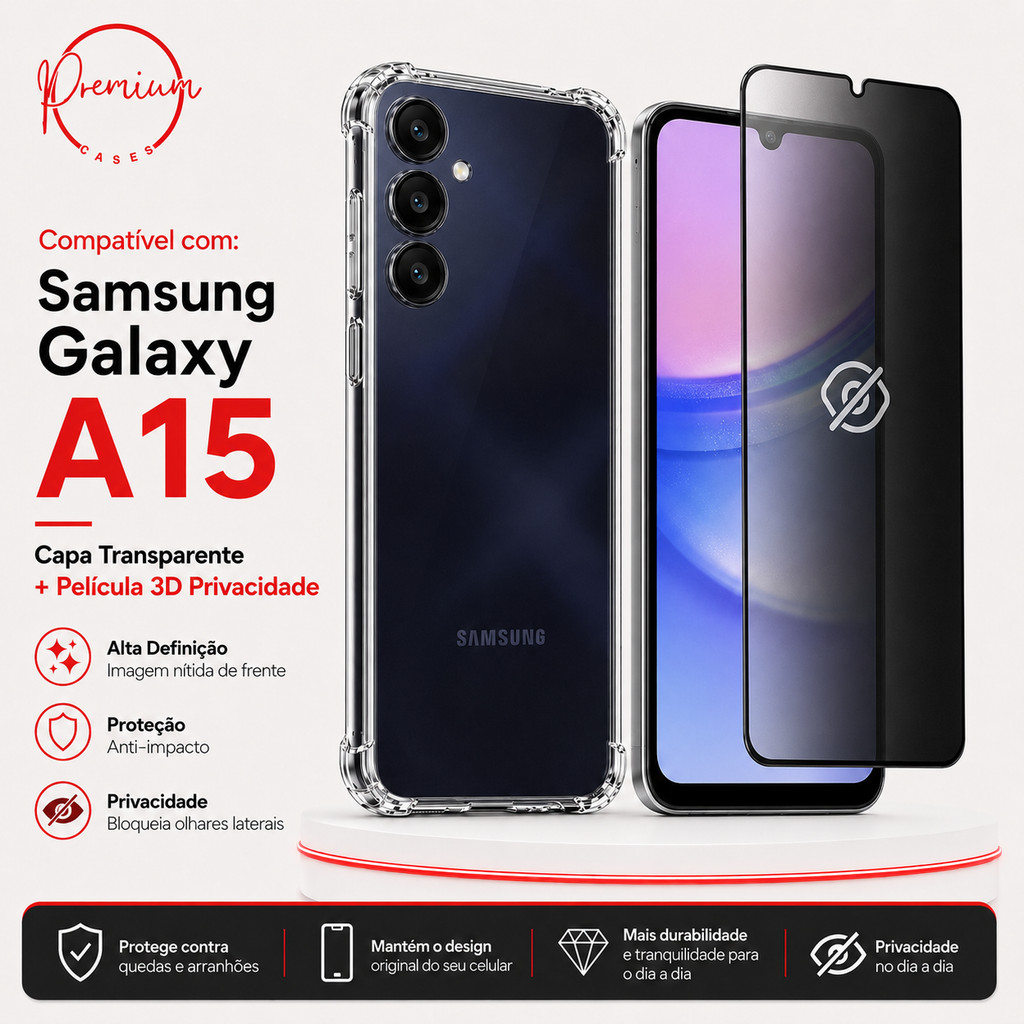 Capa Capinha Ant Impacto Para Galaxy A15 + Película 3D Privacidade Anti Spy Espião