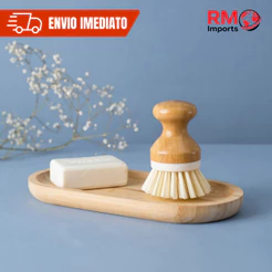 Escova de Limpeza Redonda Multiuso com Pega de Bambu para Cozinha e Banheiro