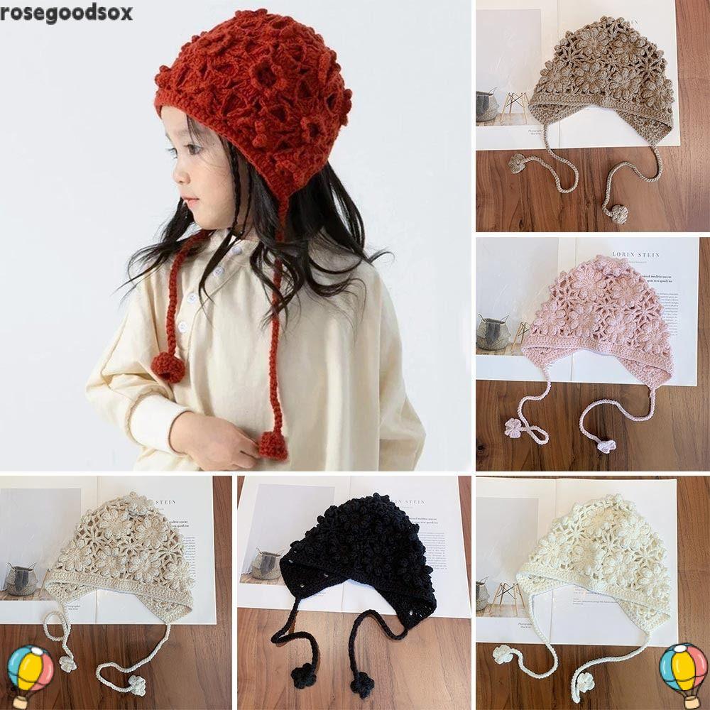 ROSEGOODSOX Chapéu Infantil De Malha , Boné De Boina Artesanal De Flor Oca Princesa Casual Versátil Com Franjas
