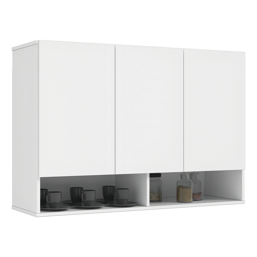 Armário 3 Portas Milão Aereo Multiuso Para Cozinha Despensa Branco Cinza Preto