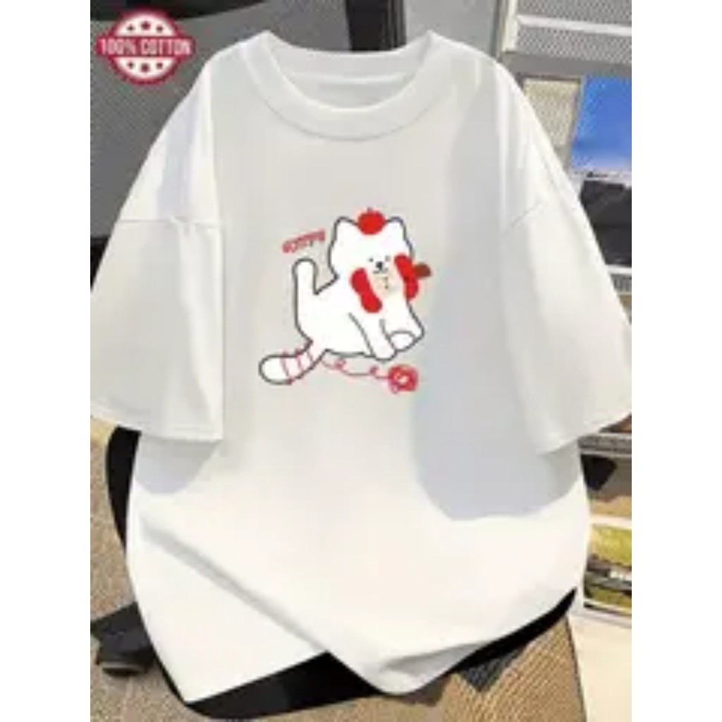 Bonito Camiseta Feminina 100% Algodão Com Estampa De Cachorro Fofo E Laço Vermelho E Coração