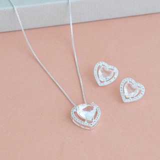 Conjunto Colar e Brinco Feminino Prata Coração Branco Transparente Cravejada Banhado a Prata 925 em Oferta na Shopee