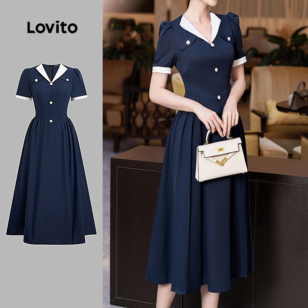 (New) Lovito Vestido Elegante de Cores em Bloco Primavera/verão Vestido Azul para mulheres L149ED428 em Oferta na Shopee
