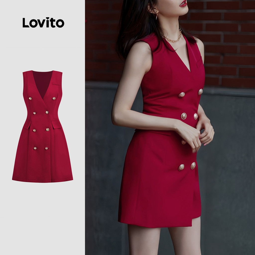 (New) Lovito Vestido Elegante de Botões Duplos Simples de Primavera/verão Vestido Vermelho para mulheres L150ED512 em Oferta na Shopee