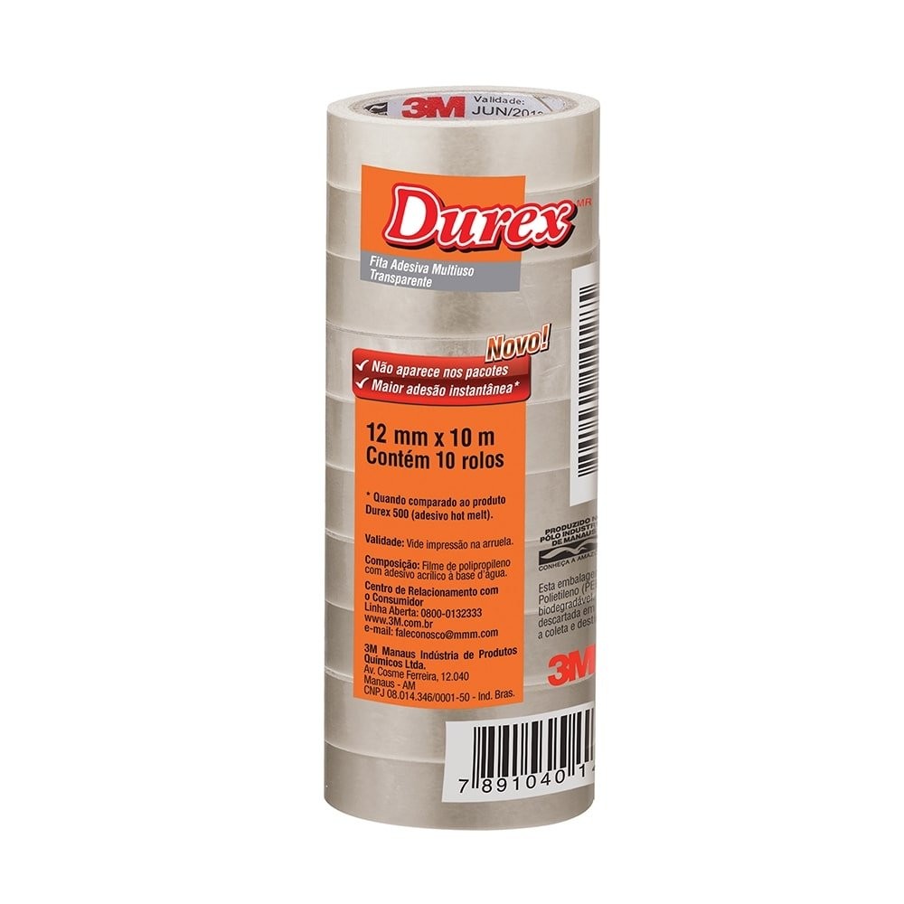Fita Durex 3M 12mmx10m - Embalagem com 10 Unidades