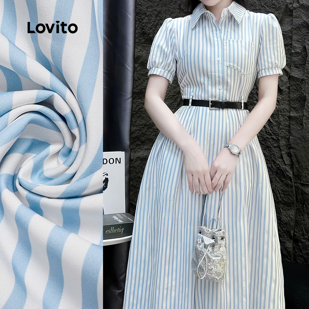(New) Lovito Vestido Casual Geométrico de Primavera/verão Azul para Mulheres L149ED389 em Oferta na Shopee