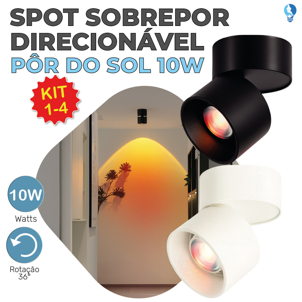 Spot Sobrepor Spot Preto ou Branco Pôr do Sol 10W Luminária de Teto Dobrável Ajustável Bivolt em Oferta na Shopee