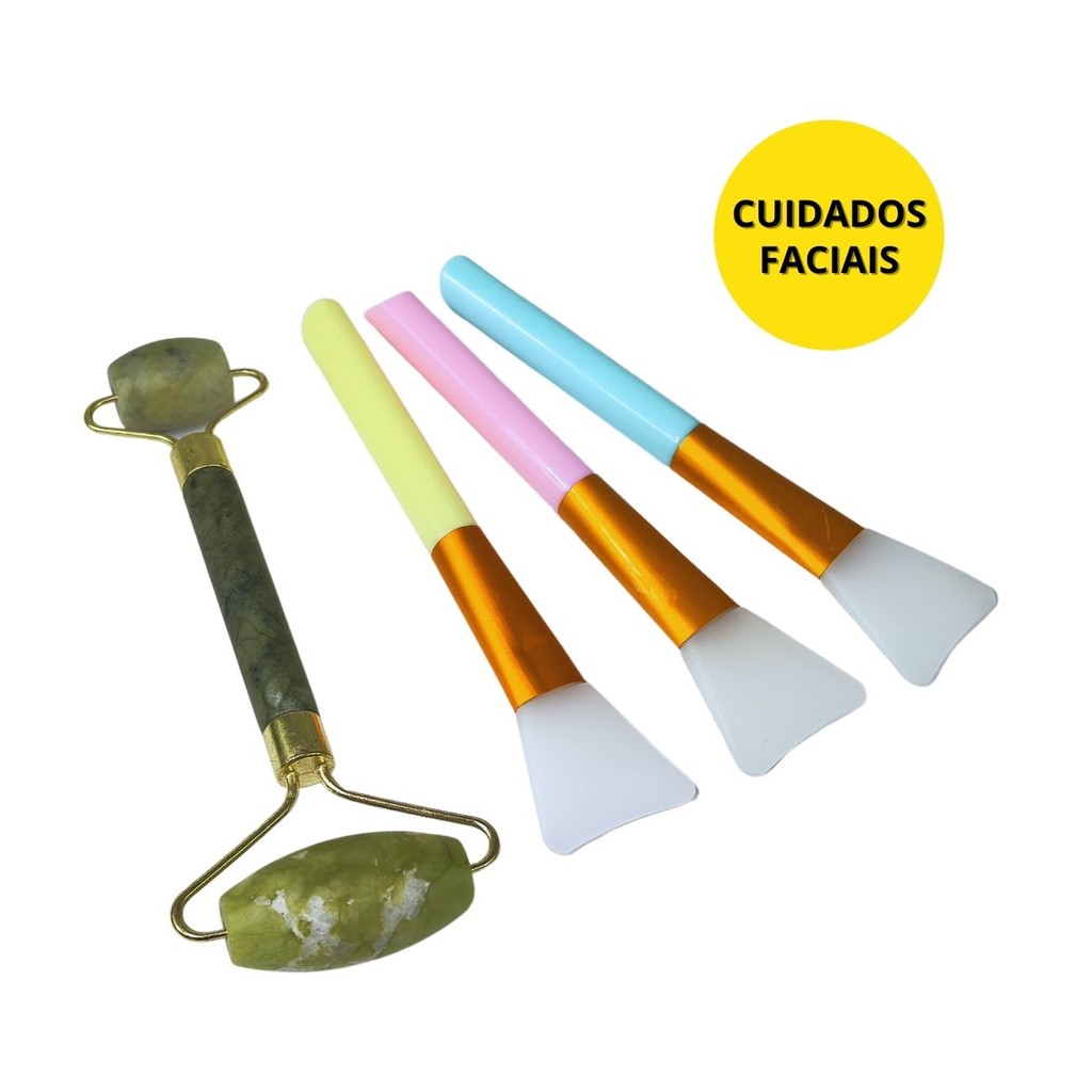Kit Skincare | Rolo de Jade Massageador + 3 Pincéis Espátula de Silicone para Máscara Facial