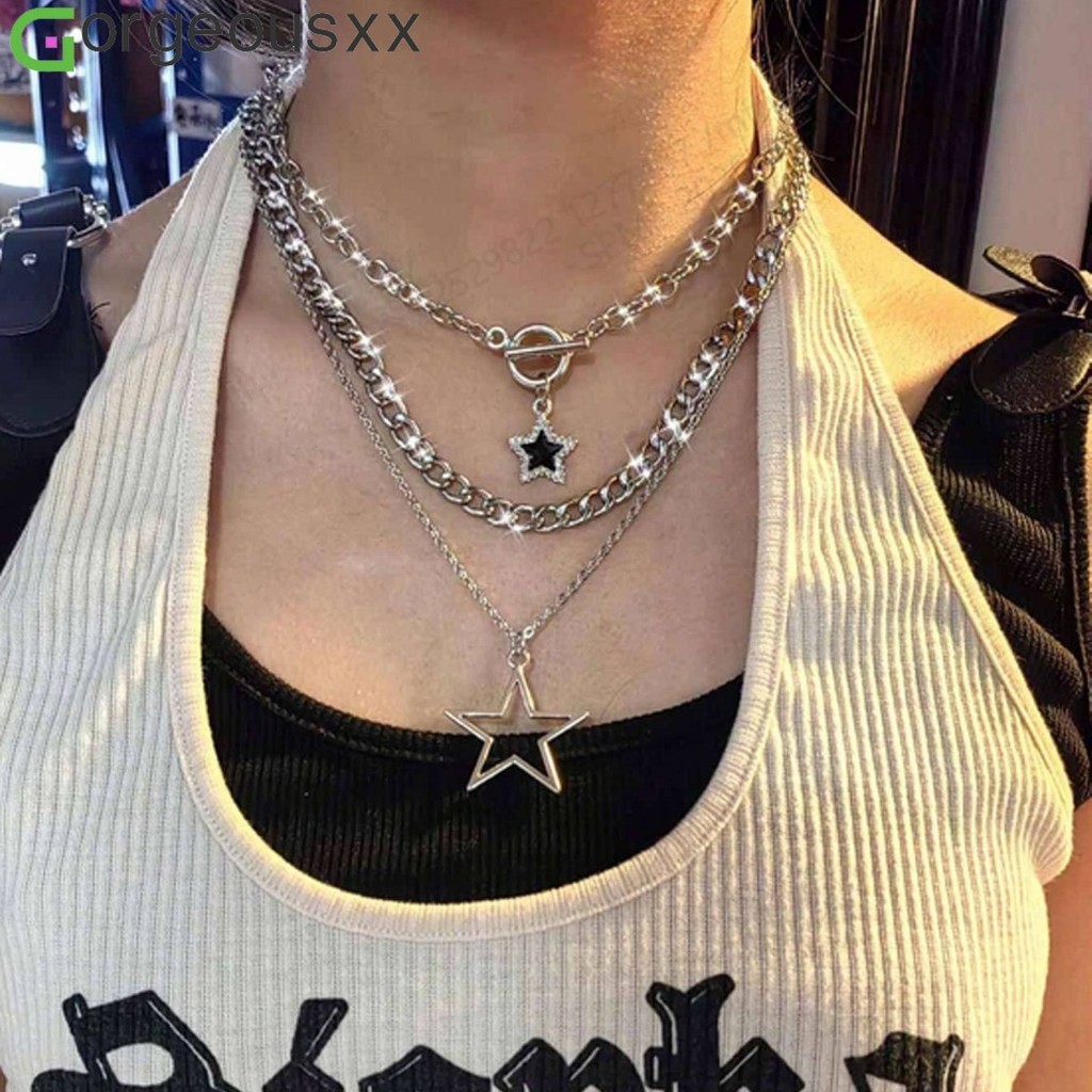 [Gorgeousxx] Colares Em Camadas De Corrente Grossa Punk Rock Para Mulheres Joias Com Pingente De Cruz De Pentagrama