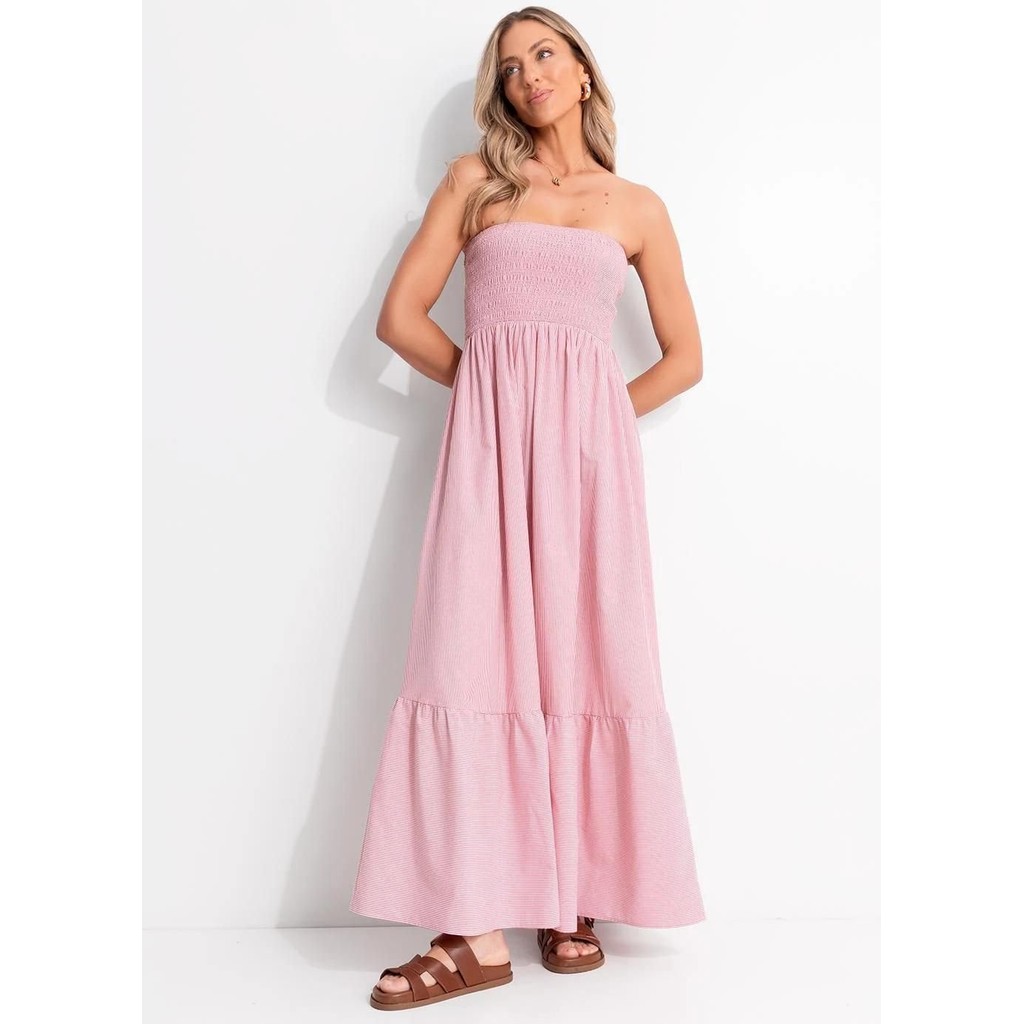 Vestido Em Tricoline Listrado Vermelho Claro Quintess em Oferta na Shopee