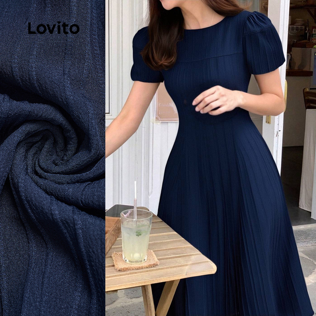 Lovito Vestido Elegante Jacquard Estruturado Linha Primavera/verão Vestido Azul-marinho para Mulheres L149LD099 em Oferta na Shopee